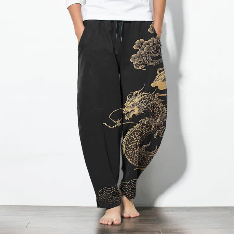 Buddha Stones Herrenhose aus reiner Baumwolle mit goldenem Drachen- und Wolkenmuster, Kordelzug, schmal zulaufendem Schnitt und Taschen - Schwarz - US/ UK/AU50, EU60 (5XL) - image 7