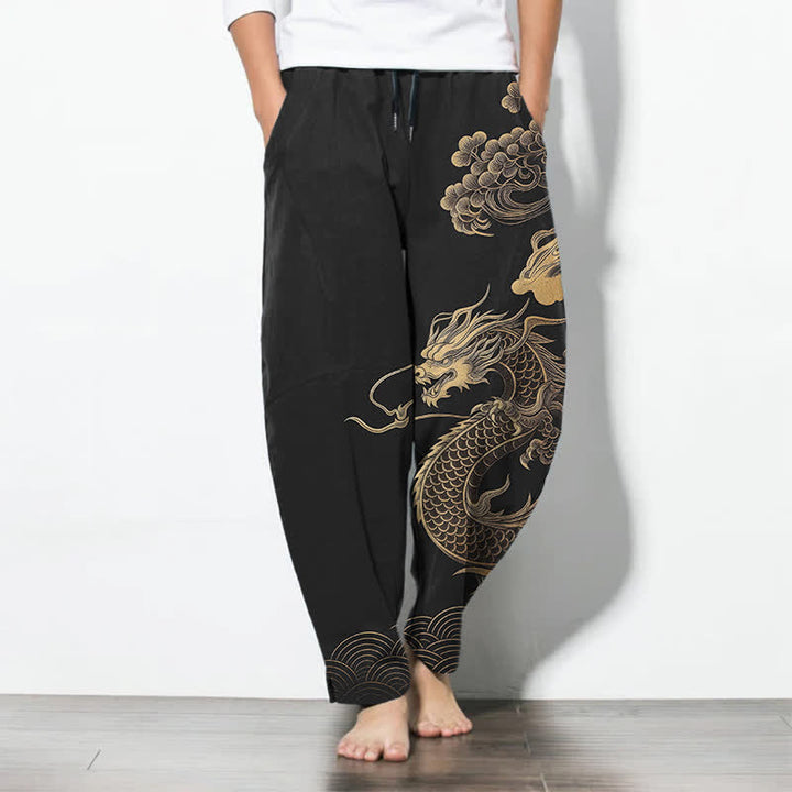 Buddha Stones Herrenhose aus reiner Baumwolle mit goldenem Drachen- und Wolkenmuster, Kordelzug, schmal zulaufendem Schnitt und Taschen - Schwarz - US/ UK/AU50, EU60 (5XL) - image 7