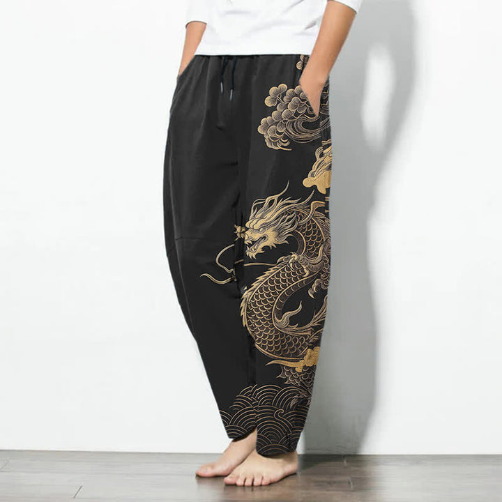 Buddha Stones Herrenhose aus reiner Baumwolle mit goldenem Drachen- und Wolkenmuster, Kordelzug, schmal zulaufendem Schnitt und Taschen - image 8