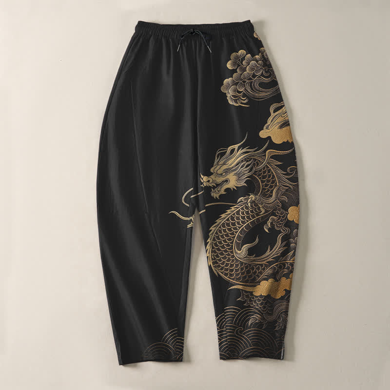 Buddha Stones Herrenhose aus reiner Baumwolle mit goldenem Drachen- und Wolkenmuster, Kordelzug, schmal zulaufendem Schnitt und Taschen - image 9