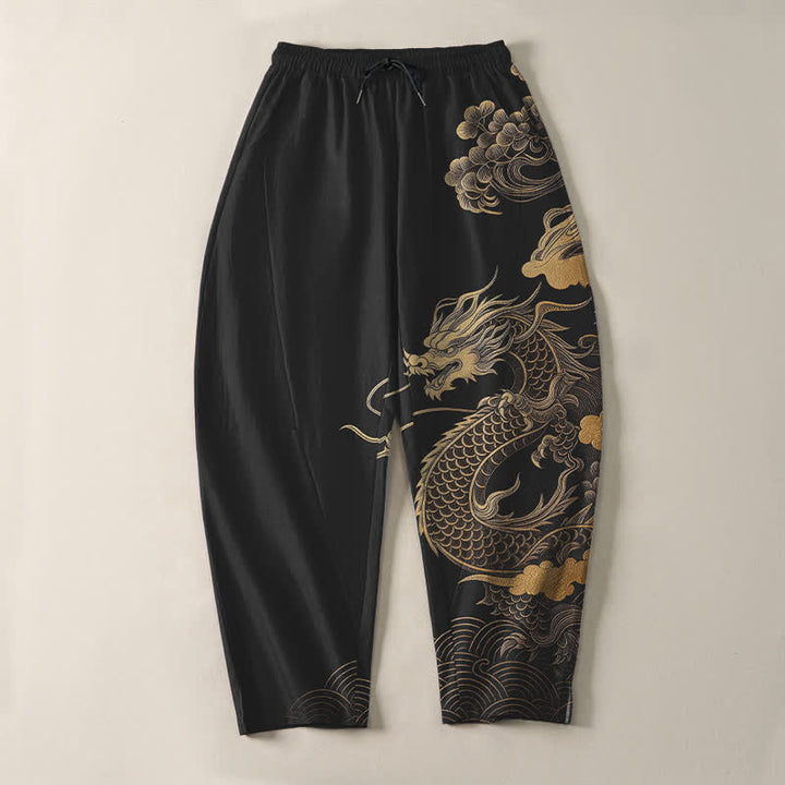 Buddha Stones Herrenhose aus reiner Baumwolle mit goldenem Drachen- und Wolkenmuster, Kordelzug, schmal zulaufendem Schnitt und Taschen - image 9