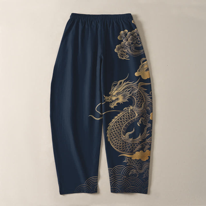 Buddha Stones Herrenhose aus reiner Baumwolle mit goldenem Drachen- und Wolkenmuster, Kordelzug, schmal zulaufendem Schnitt und Taschen - image 14
