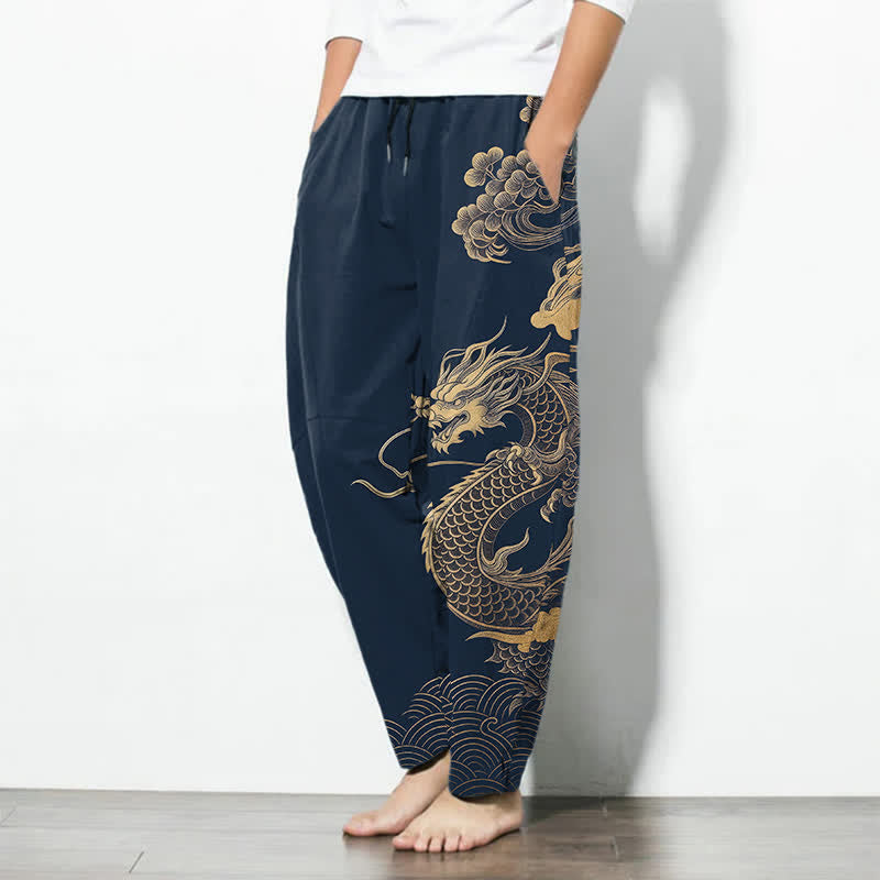Buddha Stones Herrenhose aus reiner Baumwolle mit goldenem Drachen- und Wolkenmuster, Kordelzug, schmal zulaufendem Schnitt und Taschen - image 12