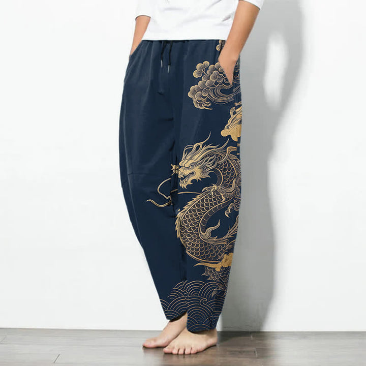Buddha Stones Herrenhose aus reiner Baumwolle mit goldenem Drachen- und Wolkenmuster, Kordelzug, schmal zulaufendem Schnitt und Taschen - image 12