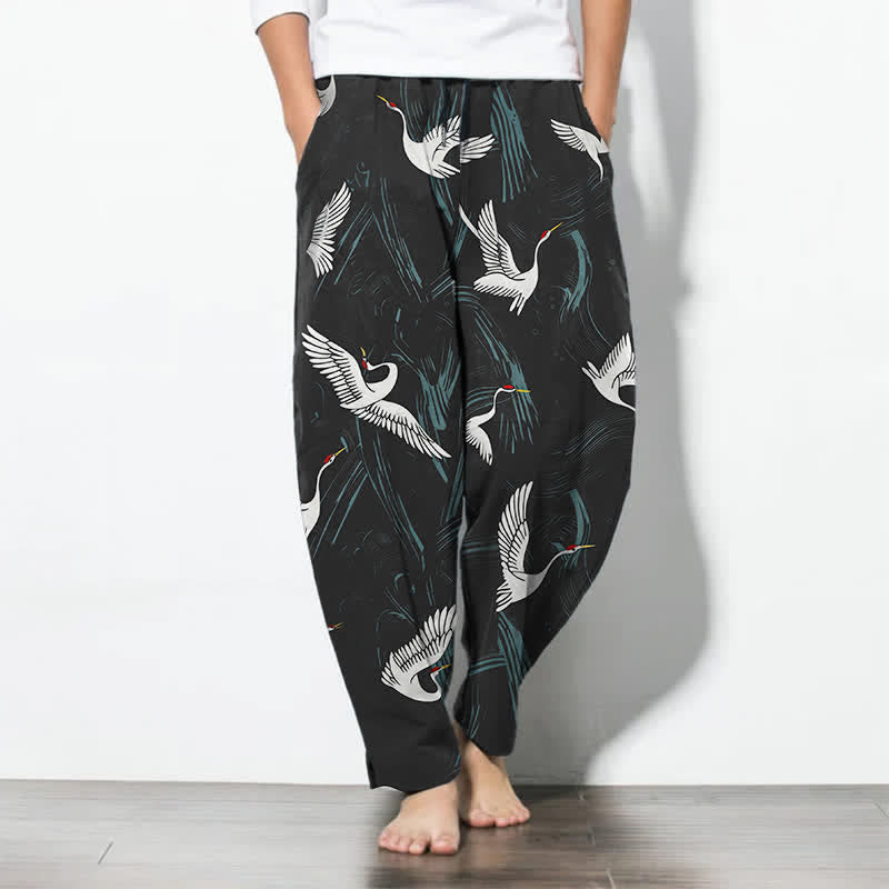 Buddha Stones Herrenhose aus reiner Baumwolle mit schwarz-weißem Kranichmuster, Kordelzug, schmal zulaufendem Schnitt und Taschen - Schwarz - US/ UK/AU50, EU60 (5XL) - image 0