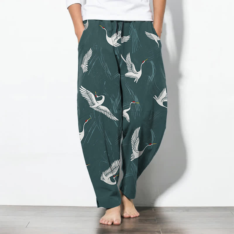 Buddha Stones Herrenhose aus reiner Baumwolle mit schwarz-weißem Kranichmuster, Kordelzug, schmal zulaufendem Schnitt und Taschen - Kadettenblau - US/ UK/AU50, EU60 (5XL) - image 7