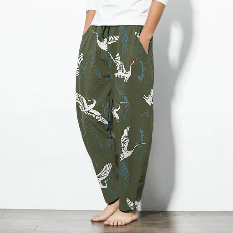 Buddha Stones Herrenhose aus reiner Baumwolle mit schwarz-weißem Kranichmuster, Kordelzug, schmal zulaufendem Schnitt und Taschen - image 12