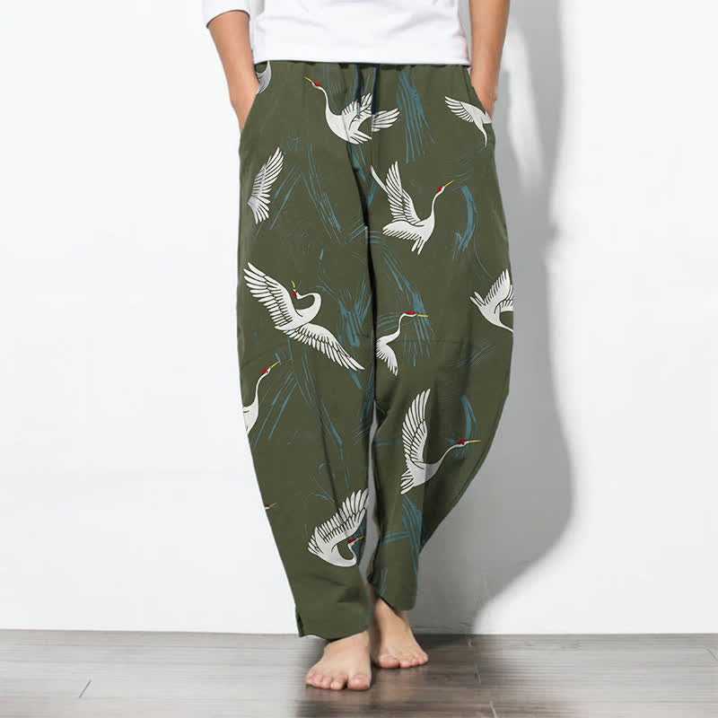 Buddha Stones Herrenhose aus reiner Baumwolle mit schwarz-weißem Kranichmuster, Kordelzug, schmal zulaufendem Schnitt und Taschen - Dunkelolivgrün - US/ UK/AU50, EU60 (5XL) - image 11