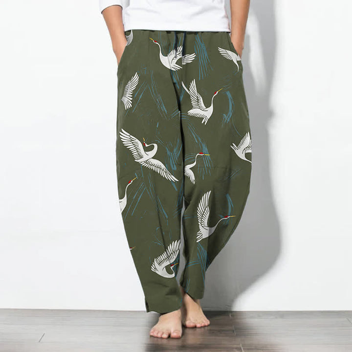 Buddha Stones Herrenhose aus reiner Baumwolle mit schwarz-weißem Kranichmuster, Kordelzug, schmal zulaufendem Schnitt und Taschen - Dunkelolivgrün - US/ UK/AU50, EU60 (5XL) - image 11