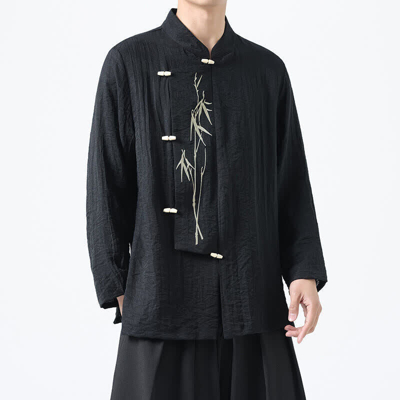 Buddha Stones Herren-Langarmhemden im Vintage-Stil mit Stehkragen, Froschknöpfen und Bambusstickerei im Spring Tang Style. - Schwarz - US/ UK/AU46, EU56 (5XL) - image 5