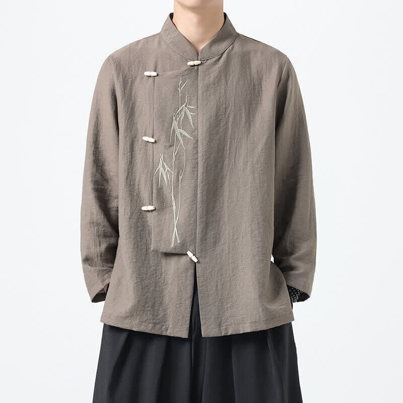 Buddha Stones Herren-Langarmhemden im Vintage-Stil mit Stehkragen, Froschknöpfen und Bambusstickerei im Spring Tang Style. - Bräunen - US/ UK/AU46, EU56 (5XL) - image 11