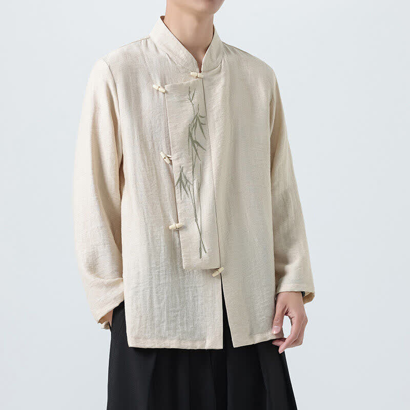 Buddha Stones Herren-Langarmhemden im Vintage-Stil mit Stehkragen, Froschknöpfen und Bambusstickerei im Spring Tang Style. - Beige - US/ UK/AU46, EU56 (5XL) - image 16