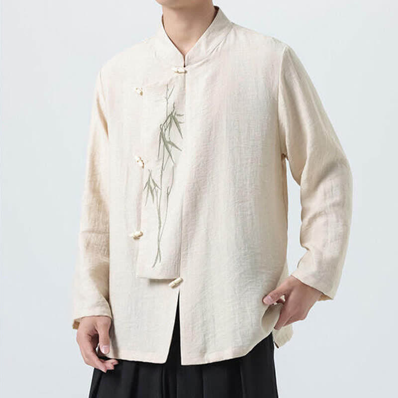 Buddha Stones Herren-Langarmhemden im Vintage-Stil mit Stehkragen, Froschknöpfen und Bambusstickerei im Spring Tang Style. - image 17