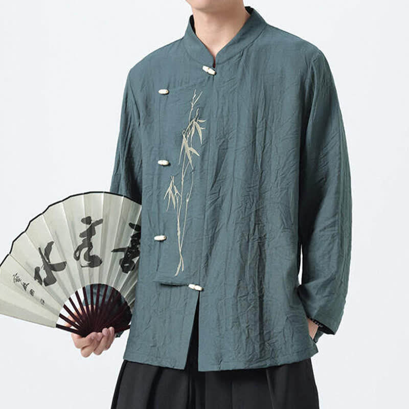 Buddha Stones Herren-Langarmhemden im Vintage-Stil mit Stehkragen, Froschknöpfen und Bambusstickerei im Spring Tang Style. - Kadettenblau - US/ UK/AU46, EU56 (5XL) - image 0