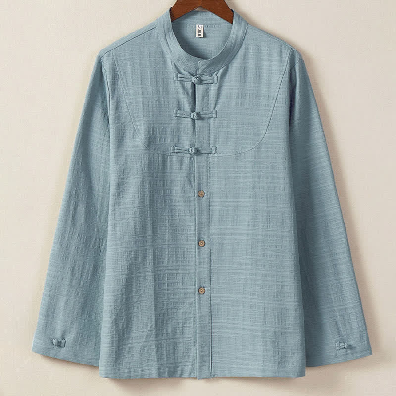 Buddha Stones Herbst/Winter Tang Style Vintage Mandarin Collar Frog Button Solid Herren Langarmhemden - Hellstahlblau - US/ UK/AU46, EU56 (5XL) - image 0