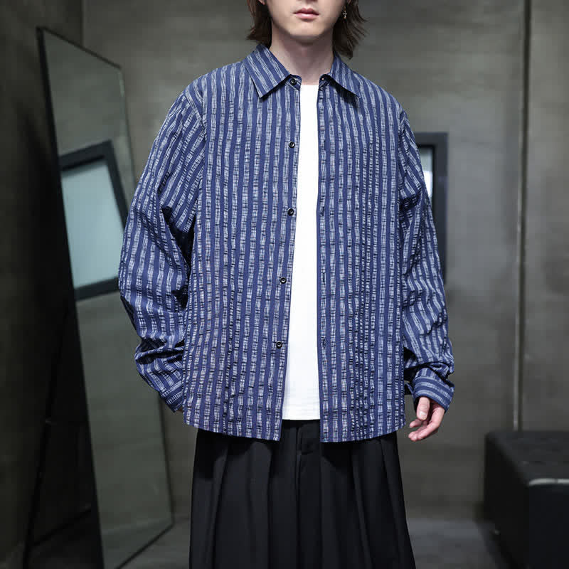 Buddha Stones Lässiges, minimalistisches Herren-Langarmhemd mit Knopfleiste und Streifenmuster für den Herbst - Marine - US/ UK/AU46, EU56 (5XL) - image 0