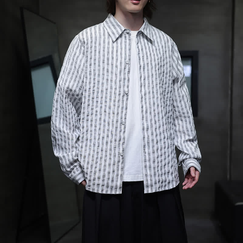 Buddha Stones Lässiges, minimalistisches Herren-Langarmhemd mit Knopfleiste und Streifenmuster für den Herbst - Gainsboro - US/ UK/AU46, EU56 (5XL) - image 9