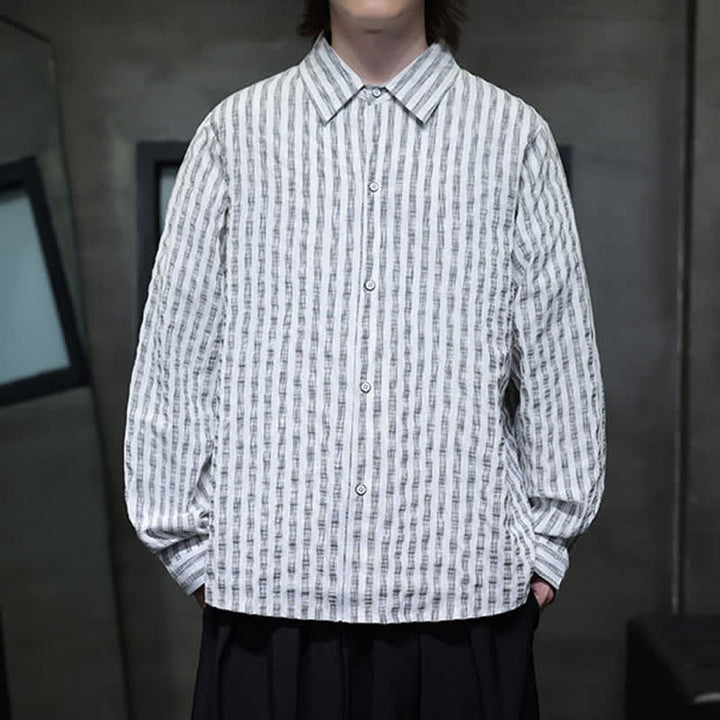 Buddha Stones Lässiges, minimalistisches Herren-Langarmhemd mit Knopfleiste und Streifenmuster für den Herbst - image 18