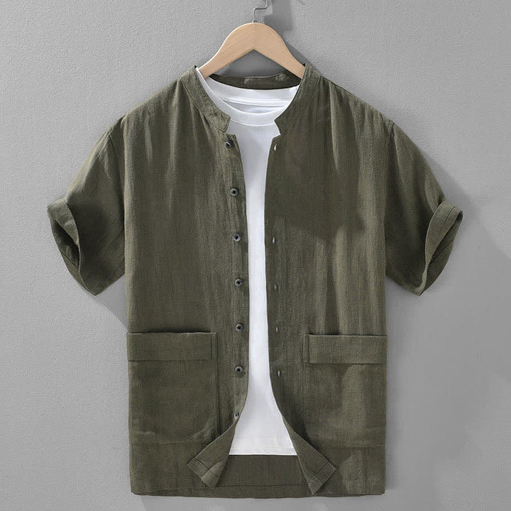 Buddha Stones Lässiges Sommerhemd mit Stehkragen, Knopfleiste, kurzen Ärmeln und Taschen für Herren - Dunkelolivgrün - US/ UK/AU42, EU52 (3XL) - image 0