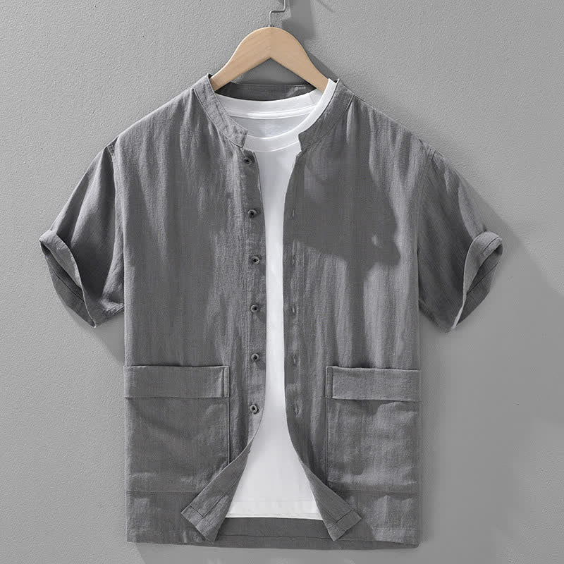 Buddha Stones Lässiges Sommerhemd mit Stehkragen, Knopfleiste, kurzen Ärmeln und Taschen für Herren - Schiefergrau - US/ UK/AU42, EU52 (3XL) - image 2