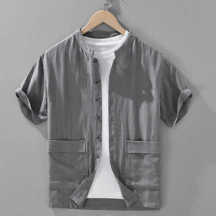 Buddha Stones Lässiges Sommerhemd mit Stehkragen, Knopfleiste, kurzen Ärmeln und Taschen für Herren - Schiefergrau - US/ UK/AU42, EU52 (3XL) - image 2