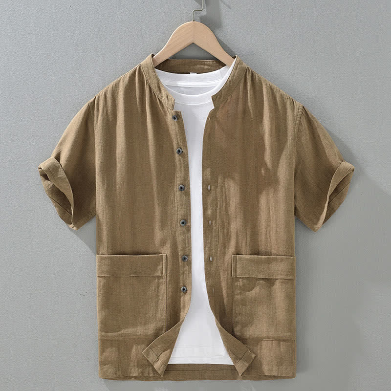 Buddha Stones Lässiges Sommerhemd mit Stehkragen, Knopfleiste, kurzen Ärmeln und Taschen für Herren - BurlyWood - US/ UK/AU42, EU52 (3XL) - image 1