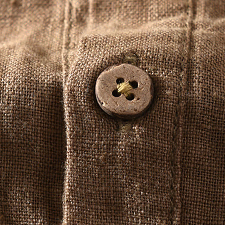Buddha Stones Lässiges Sommerhemd im Tang-Stil mit Stehkragen, Kurzarm, aus Leinen, mit aufgesetzter Tasche und aufgesetzter Tasche. - image 4