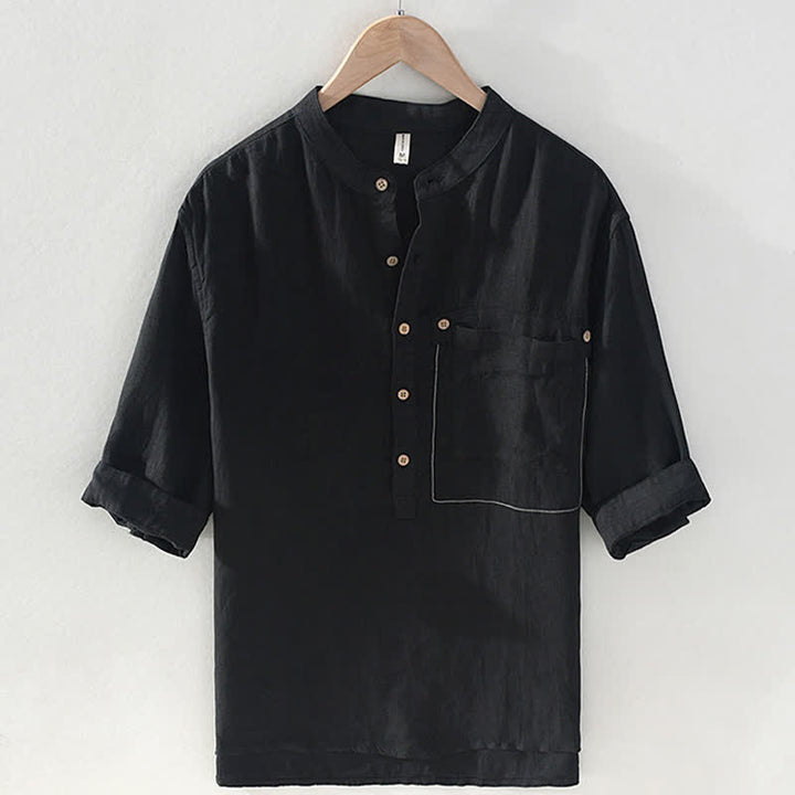 Buddha Stones Lässiges Sommerhemd im Tang-Stil mit Stehkragen, Kurzarm, aus Leinen, mit aufgesetzter Tasche und aufgesetzter Tasche. - Schwarz - US/ UK/AU42, EU52 (3XL) - image 8