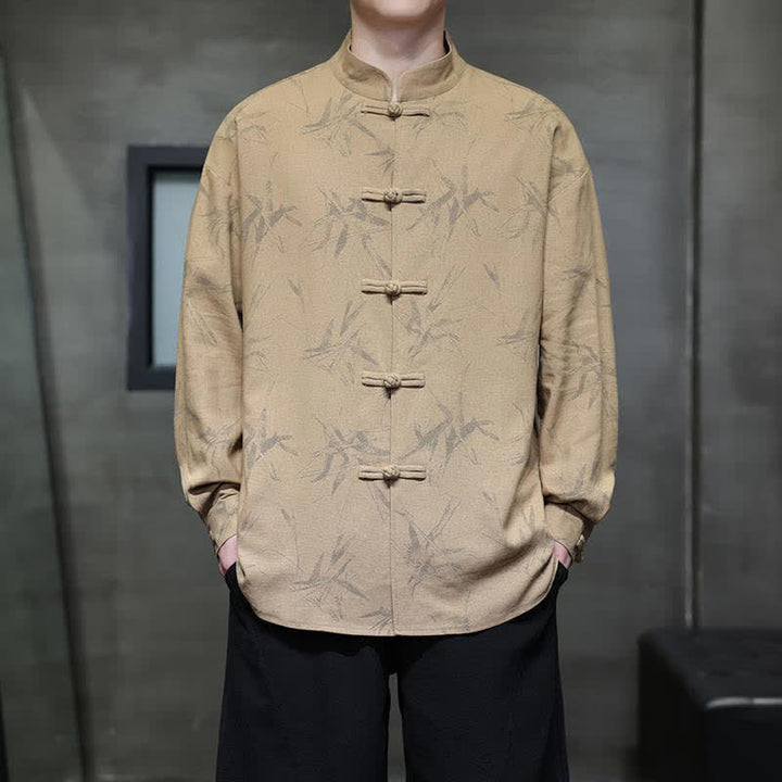 Buddha Stones Herbstliches Langarmhemd im Vintage-Stil mit Stehkragen und Bambusblattmuster aus Baumwoll-Leinen für Herren - Bräunen - US/ UK/AU46, EU56 (5XL) - image 11