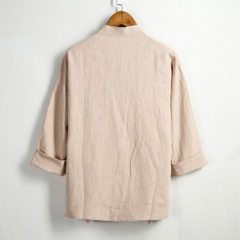 Buddha Stones Lässiger Kimono im Tang-Stil aus einfarbigem Ramie mit Kordelzug und Tasche für Herren. - image 1