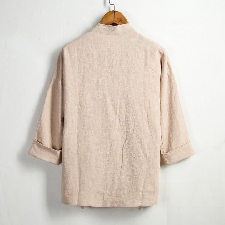 Buddha Stones Lässiger Kimono im Tang-Stil aus einfarbigem Ramie mit Kordelzug und Tasche für Herren. - image 1