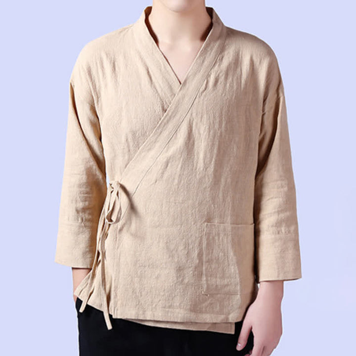 Buddha Stones Lässiger Kimono im Tang-Stil aus einfarbigem Ramie mit Kordelzug und Tasche für Herren. - image 2