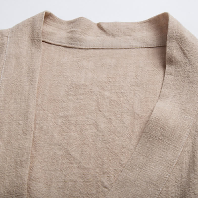 Buddha Stones Lässiger Kimono im Tang-Stil aus einfarbigem Ramie mit Kordelzug und Tasche für Herren. - image 3