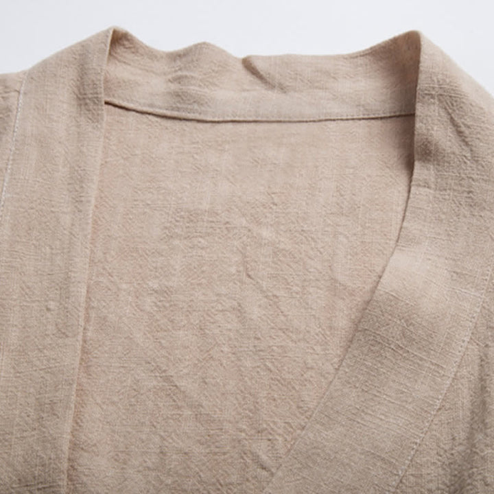 Buddha Stones Lässiger Kimono im Tang-Stil aus einfarbigem Ramie mit Kordelzug und Tasche für Herren. - image 3
