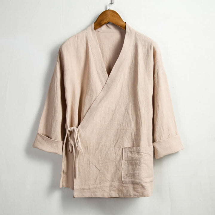 Buddha Stones Lässiger Kimono im Tang-Stil aus einfarbigem Ramie mit Kordelzug und Tasche für Herren. - Weizen - US/ UK/AU44, EU54 (4XL) - image 0