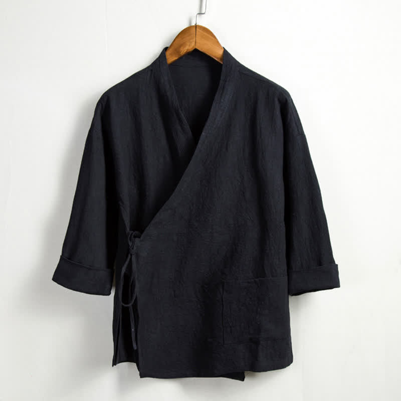 Buddha Stones Lässiger Kimono im Tang-Stil aus einfarbigem Ramie mit Kordelzug und Tasche für Herren. - Schwarz - US/ UK/AU44, EU54 (4XL) - image 10