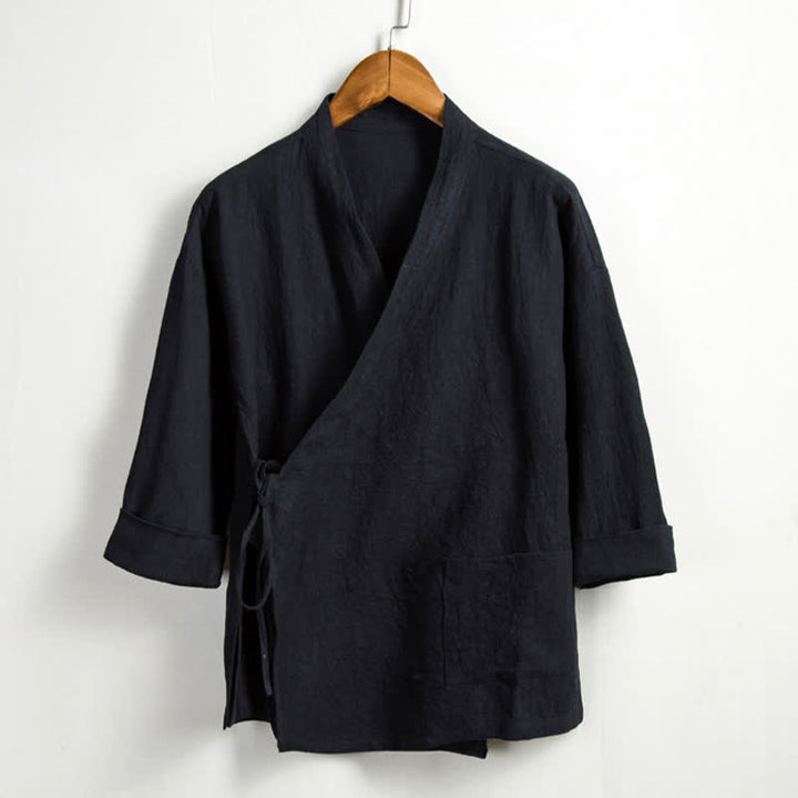 Buddha Stones Lässiger Kimono im Tang-Stil aus einfarbigem Ramie mit Kordelzug und Tasche für Herren. - Schwarz - US/ UK/AU44, EU54 (4XL) - image 10