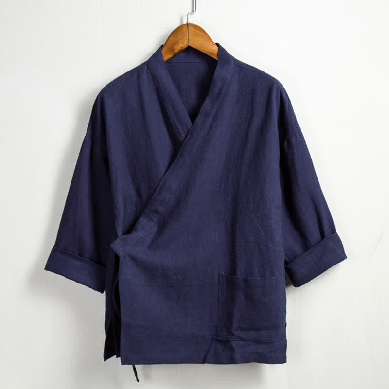 Buddha Stones Lässiger Kimono im Tang-Stil aus einfarbigem Ramie mit Kordelzug und Tasche für Herren. - Marine - US/ UK/AU44, EU54 (4XL) - image 12
