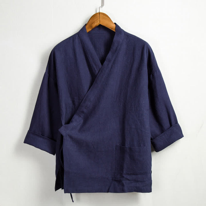 Buddha Stones Lässiger Kimono im Tang-Stil aus einfarbigem Ramie mit Kordelzug und Tasche für Herren. - Marine - US/ UK/AU44, EU54 (4XL) - image 12