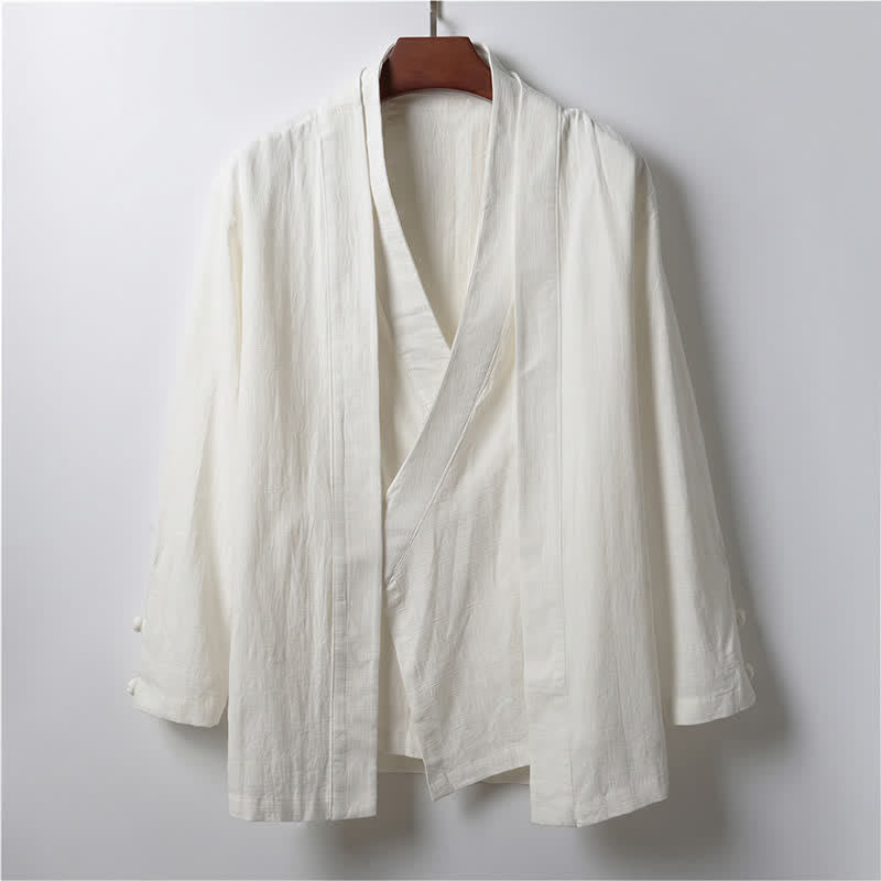 Buddha Stones Lässiger, minimalistischer Kimono für Herren aus Ramie mit einfarbigem Revers im Frühlingsstil - Weiß - US/ UK/AU44, EU54 (4XL) - image 12