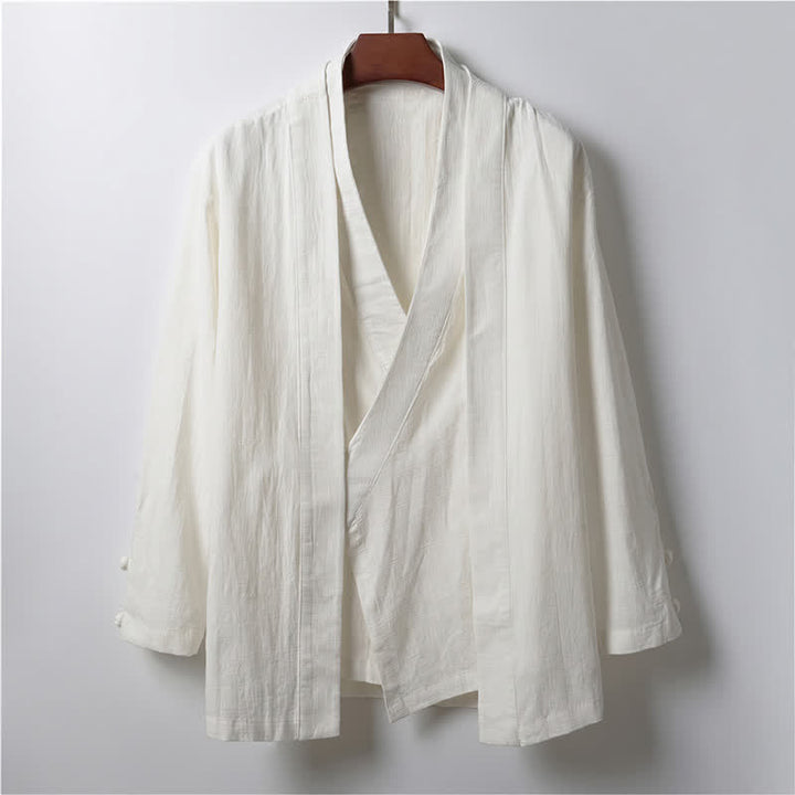 Buddha Stones Lässiger, minimalistischer Kimono für Herren aus Ramie mit einfarbigem Revers im Frühlingsstil - Weiß - US/ UK/AU44, EU54 (4XL) - image 12