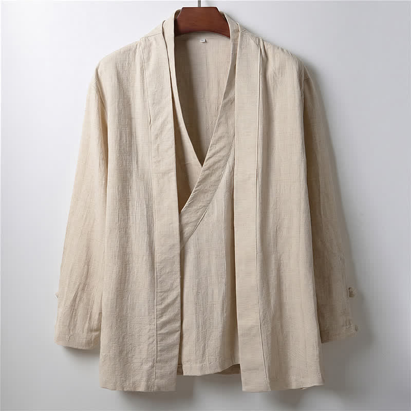 Buddha Stones Lässiger, minimalistischer Kimono für Herren aus Ramie mit einfarbigem Revers im Frühlingsstil - Leinen - US/ UK/AU44, EU54 (4XL) - image 0