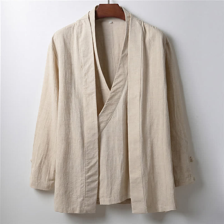Buddha Stones Lässiger, minimalistischer Kimono für Herren aus Ramie mit einfarbigem Revers im Frühlingsstil - Leinen - US/ UK/AU44, EU54 (4XL) - image 0
