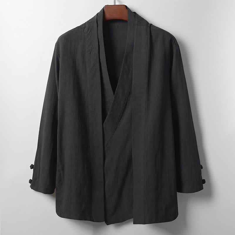 Buddha Stones Lässiger, minimalistischer Kimono für Herren aus Ramie mit einfarbigem Revers im Frühlingsstil - Schwarz - US/ UK/AU44, EU54 (4XL) - image 8