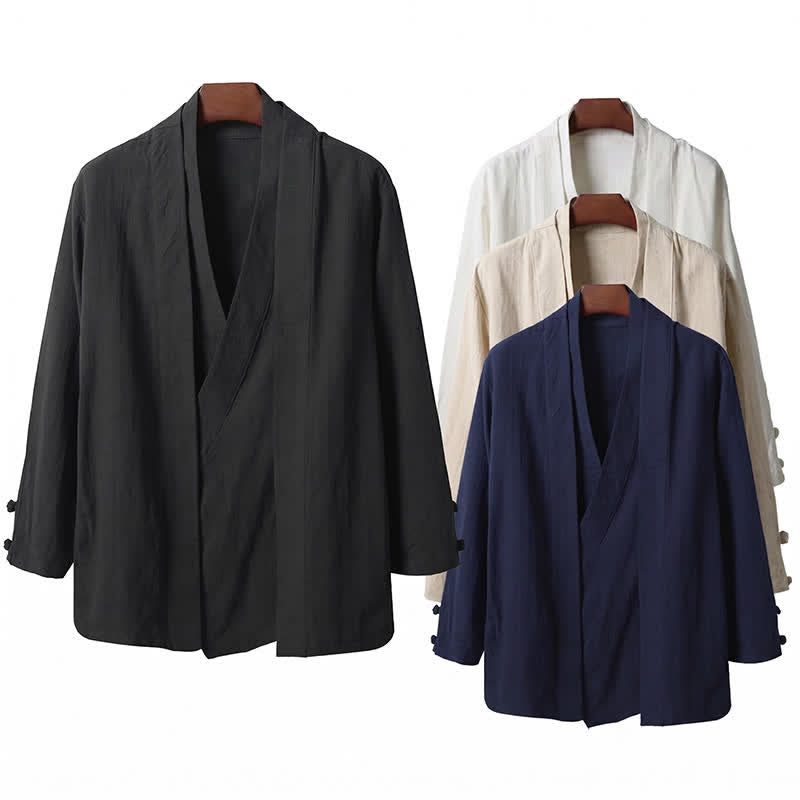 Buddha Stones Lässiger, minimalistischer Kimono für Herren aus Ramie mit einfarbigem Revers im Frühlingsstil - image 14