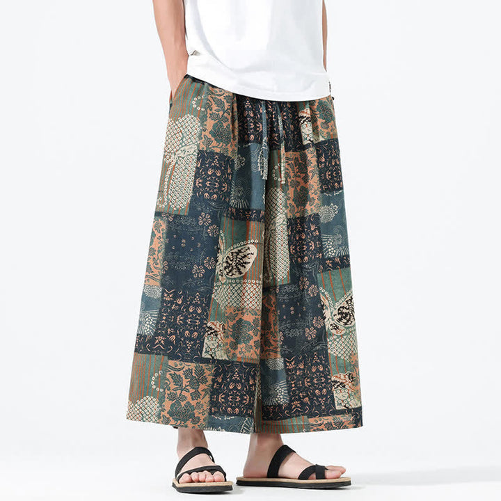 Buddha Stones Boho-Freizeithose für Frühling und Sommer, lässig, mit Kordelzug, floralem Patchwork-Design, verkürzt, Herrenhose mit weitem Bein und Taschen - image 6