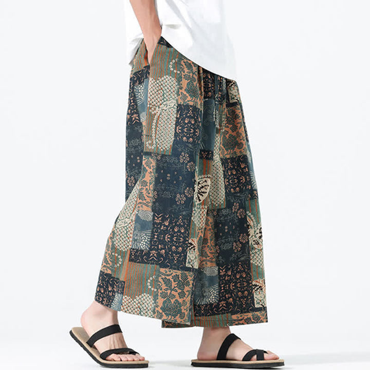 Buddha Stones Boho-Freizeithose für Frühling und Sommer, lässig, mit Kordelzug, floralem Patchwork-Design, verkürzt, Herrenhose mit weitem Bein und Taschen - image 5
