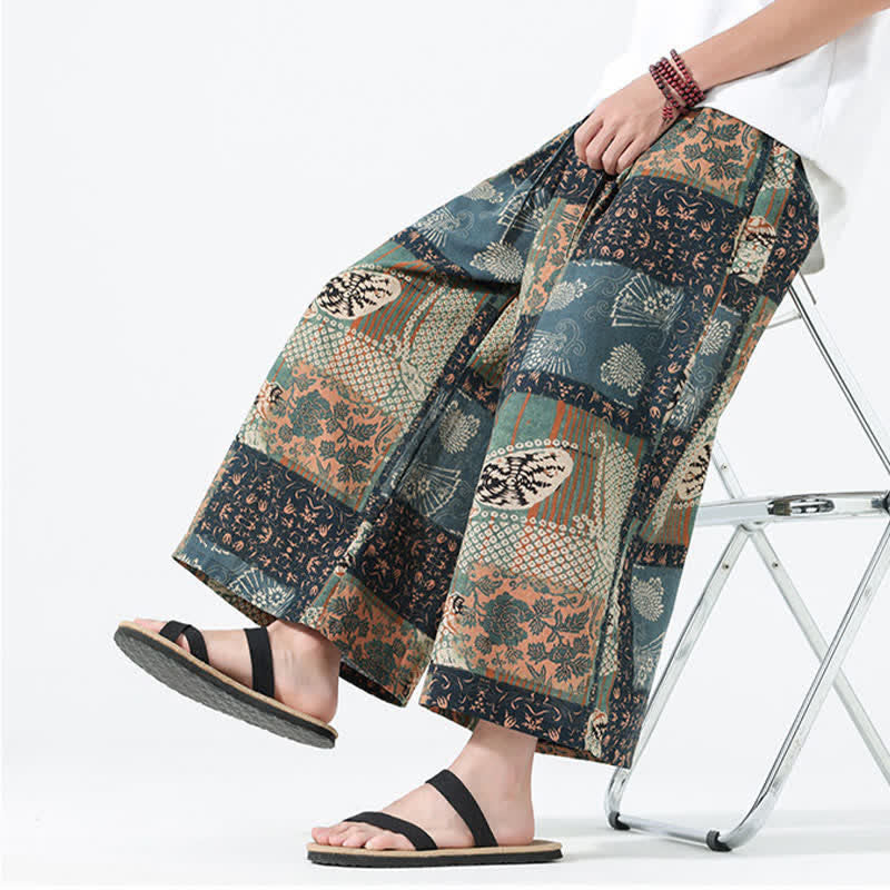 Buddha Stones Boho-Freizeithose für Frühling und Sommer, lässig, mit Kordelzug, floralem Patchwork-Design, verkürzt, Herrenhose mit weitem Bein und Taschen - image 9