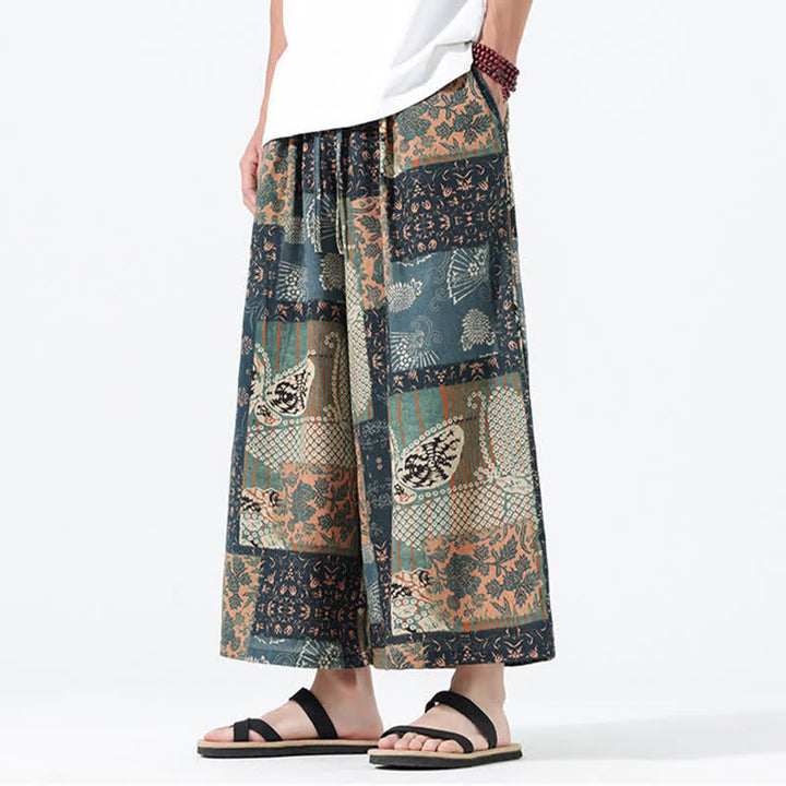 Buddha Stones Boho-Freizeithose für Frühling und Sommer, lässig, mit Kordelzug, floralem Patchwork-Design, verkürzt, Herrenhose mit weitem Bein und Taschen - BurlyWood - US/ UK/AU46, EU56 (5XL) - image 0