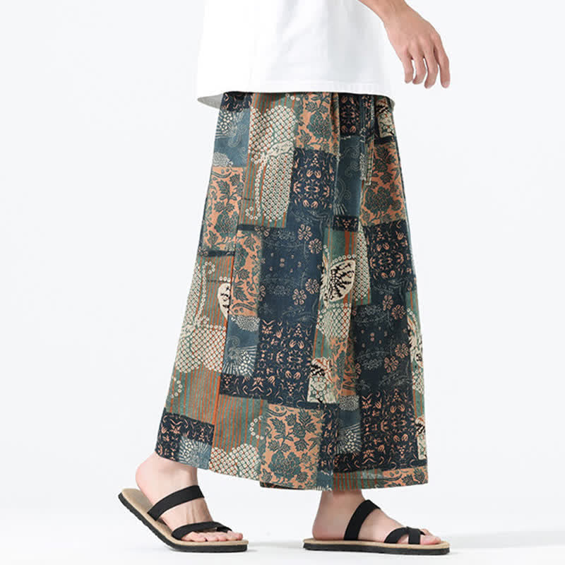 Buddha Stones Boho-Freizeithose für Frühling und Sommer, lässig, mit Kordelzug, floralem Patchwork-Design, verkürzt, Herrenhose mit weitem Bein und Taschen - image 3